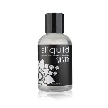 A clear 4.2 fluid ounce bottle of Sliquid Silver silicone intimate lubricant. The bottle has a black cap and label.