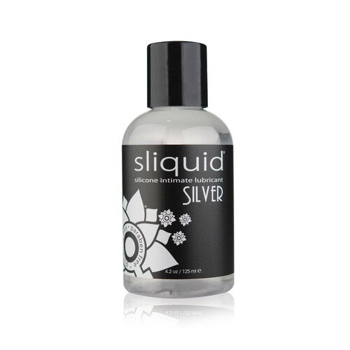 A clear 4.2 fluid ounce bottle of Sliquid Silver silicone intimate lubricant. The bottle has a black cap and label.