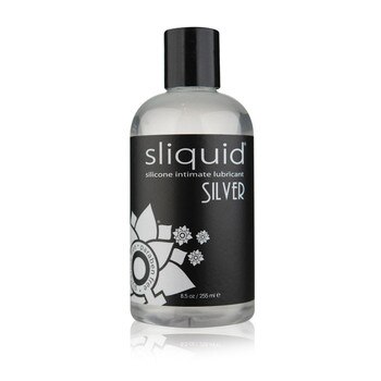 A clear 8.5 fluid ounce bottle of Sliquid Silver silicone intimate lubricant. The bottle has a black cap and label.