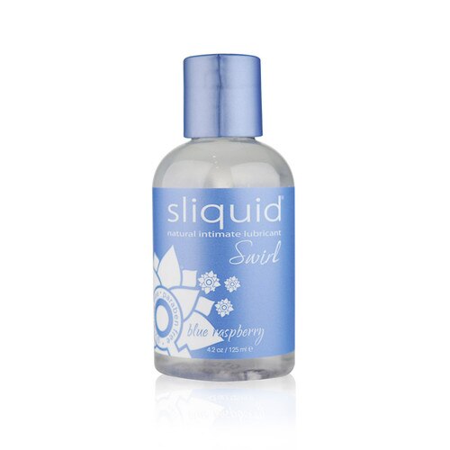 A clear plastic bottle of Sliquid Lubricant in blue raspberry flavor. It has a blue cap and label with white lettering.