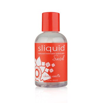 A clear plastic bottle of Sliquid Lubricant in cherry vanilla flavor. It has a red cap and label with white lettering.