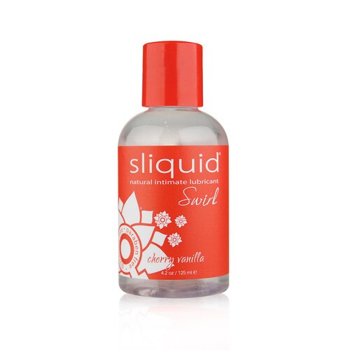 A clear plastic bottle of Sliquid Lubricant in cherry vanilla flavor. It has a red cap and label with white lettering.
