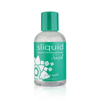 A clear plastic bottle of Sliquid Lubricant in green apple flavor. It has a green cap and label with white lettering.