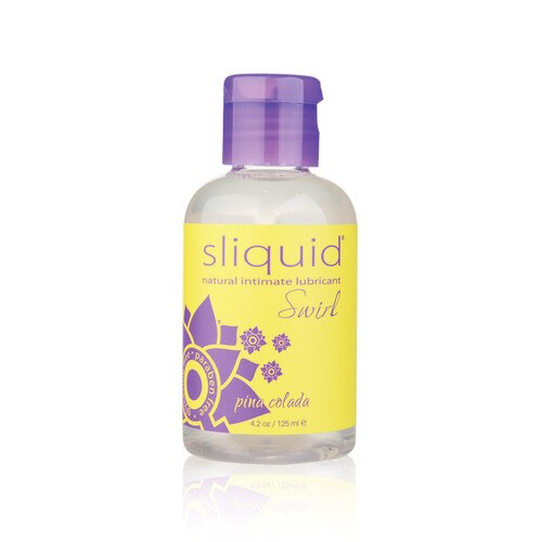 A clear plastic bottle of Sliquid Lubricant in pina colada flavor. It has a purple cap and yellow label with purple lettering.