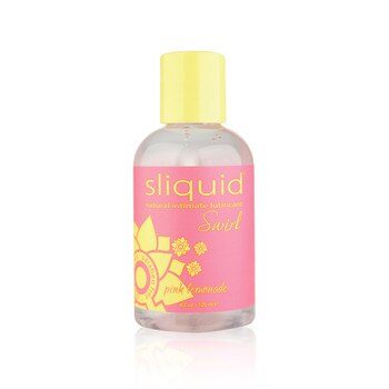 A clear plastic bottle of Sliquid Lubricant in pink lemonade flavor. It has a yellow cap and pink label with yellow lettering.