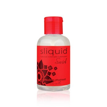 A clear plastic bottle of Sliquid Lubricant in strawberry-pomegranate flavor. It has a red cap and label with black lettering.