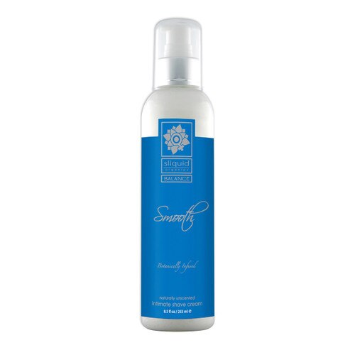 A tall clear 8.5 ounce bottle of Sliquid Smooth intimate shave cream in unscented. The label is blue and silver, and the bottle has a white and silver pump cap.