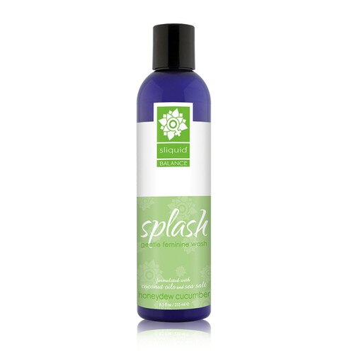 A tall dark blue 8.5 ounce bottle of Sliquid's Splash gentle feminine wash in honeydew cucumber. The label is white and green, and the bottle has a black cap.