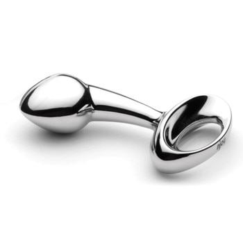 A curved stainless steel anal plug for prostate stimulation with a flared ring base.