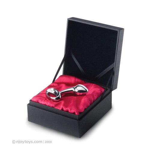 An image of a stainless steel curved prostate plug resting in its sumptuous red and black packaging.