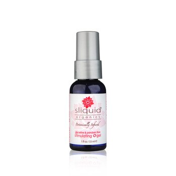 A small pump-cap bottle of Sliquid's botanically infused Stimulating O gel. The bottle is dark blue with a silver cap.