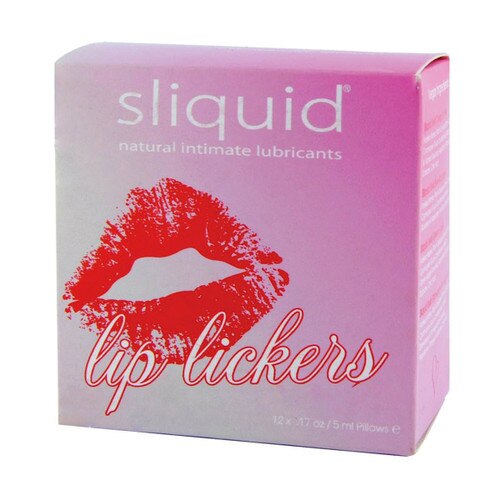 A box of Sliquid Swirl flavored lubricant samples. The box has a lip print on the front with the words "lip lickers"