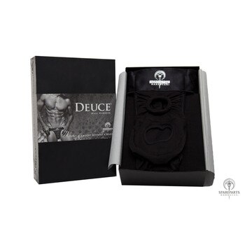 An image of the black Deuce male harness in its packaging