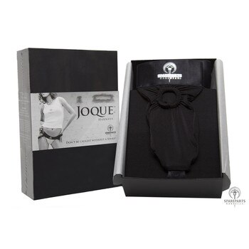 Packaging for the black joque strap on harness