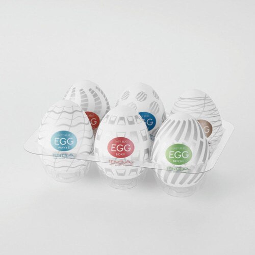 Tenga Easy Beat Egg Masturbator 6 Pack in packaging with lid open on a white background