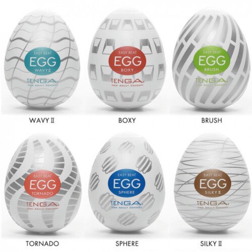Tenga Easy Beat Egg 6 different Masturbator Eggs with different styles and textures with names on a white background