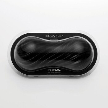 TENGA Flex in Rocky Black reusable masturbation sleeve in product box on a white background