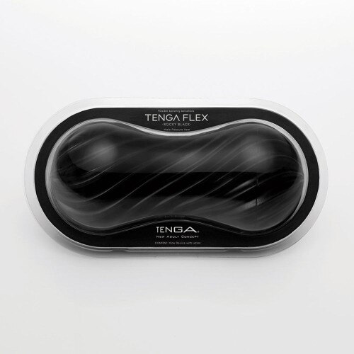 TENGA Flex in Rocky Black reusable masturbation sleeve in product box on a white background