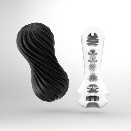 TENGA Flex in Rocky Black reusable masturbation sleeve full product view with internal shot on a white background