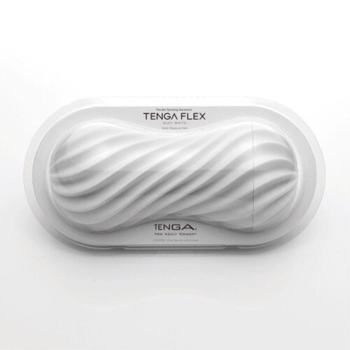 TENGA Flex in Silky White reusable masturbation sleeve in product box on a white background