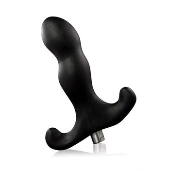 An image of a black curved T-shaped silicone prostate massager by Aneros.