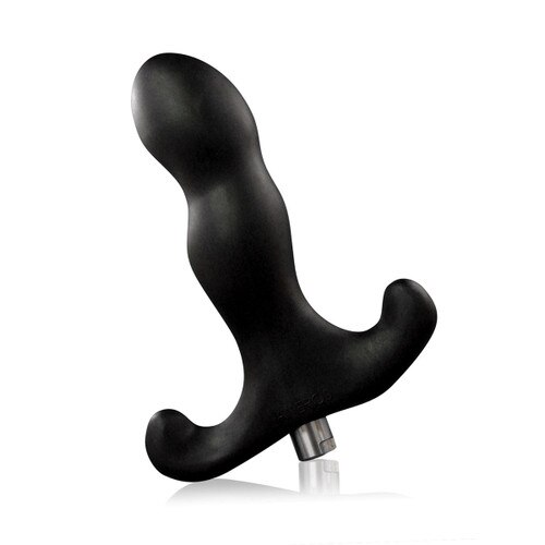 An image of a black curved T-shaped silicone prostate massager by Aneros.