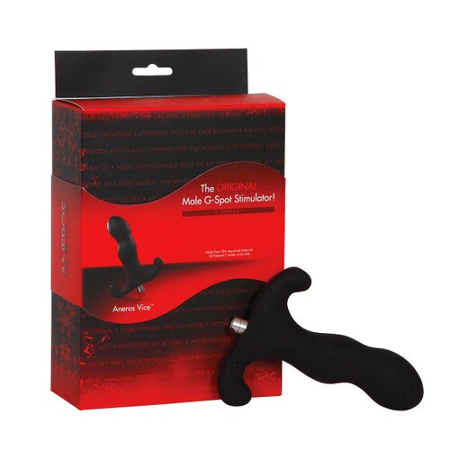 An image of the V-series Vice prostate stimulator next to its red and black packaging