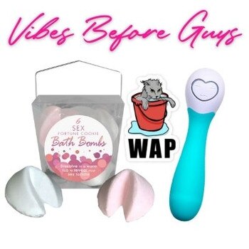 Vibes Before Guys Gift Set including the lovelife cuddle mini turquoise, WAP sticker and sex fortune cookie bath bombs on a white background