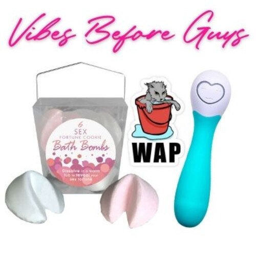Vibes Before Guys Gift Set including the lovelife cuddle mini turquoise, WAP sticker and sex fortune cookie bath bombs on a white background