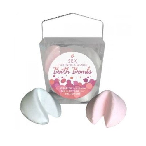 Sex fortune cookie bath bombs with two bomb baths in the front of the packaging on a white background