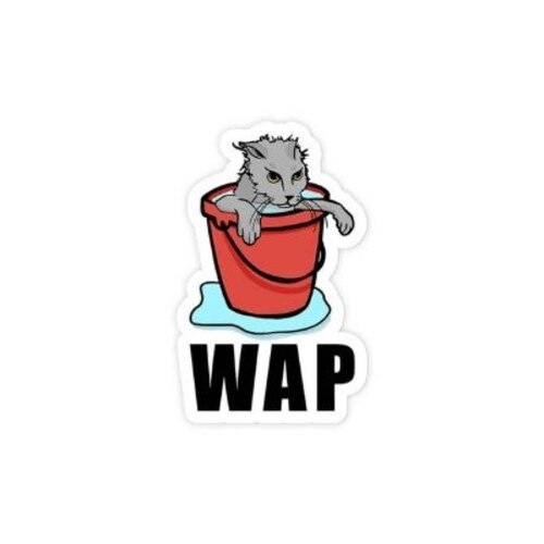 WAP sticker with a pussy cat in a bucket of water on a white background