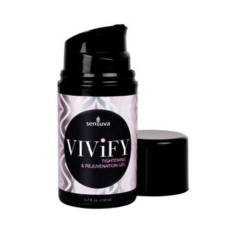 A container of Vivify tightening and rejuvenation gel. The bottle is black with a pump cap with a pink, silver, and black label.