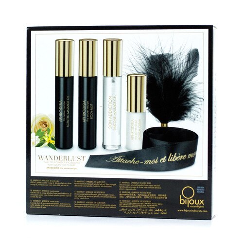 The back of the Wanderlust Aphrodisiac Travel Set box with an image of its contents printed on it.
