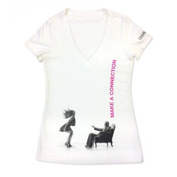 An image of a white v-neck women's t-shirt with the ohmibod logo on the left sleeve and a black and white image from the BlueMotion Nex 1 box across the belly, with "make a connection" in pink