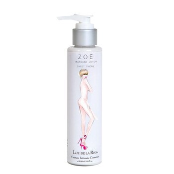 A pump-cap silver and white bottle of Zoe Massage Lotion in Sweet Cherie