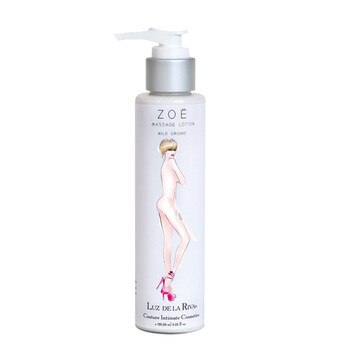 A pump-cap silver and white bottle of Zoe Massage Lotion in Wild Orchid