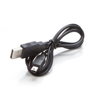 An image of a coiled black USB charging cable on a white background.