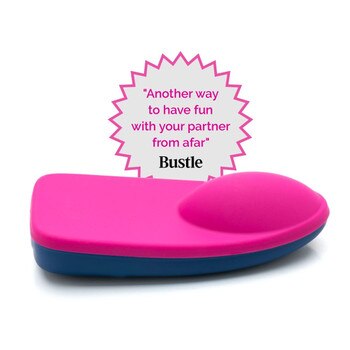 The discreet insertable wearable panty vibe on a white background with a press badge.
