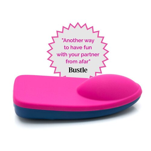 The discreet insertable wearable panty vibe on a white background with a press badge.
