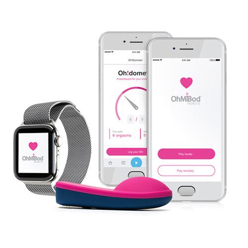 An image of the bluemotion Nex 1 slim line panty vibe. It is navy blue on bottom and pink on top. To the left is an Apple Watch and to the right are two smartphones all displaying the OhMiBod App.