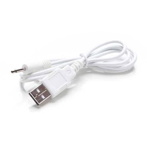 An image of a coiled white USB charging cable on a white background.