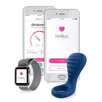 An image of the bluetooth enabled BlueMotion NEX3 couples ring alongside a smartphone and apple watch displaying the OhMiBod remote app
