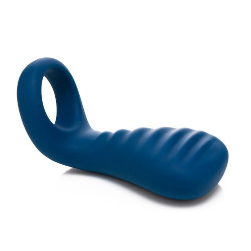 An angled image of the Bluemotion Nex 3, a dark blue silicone toy with a flexible ring attached to a flattened, ridged body that extends like a tongue