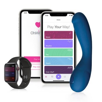 An image of the bluemotion nex2 app-conntected bluetooth enabled vibrator with smartphone and apple watch displaying the Ohmibod remote app
