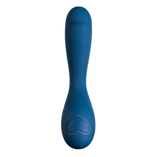 A front view of the dark blue bluemotion nex 2 second generation vibrator on a white background.